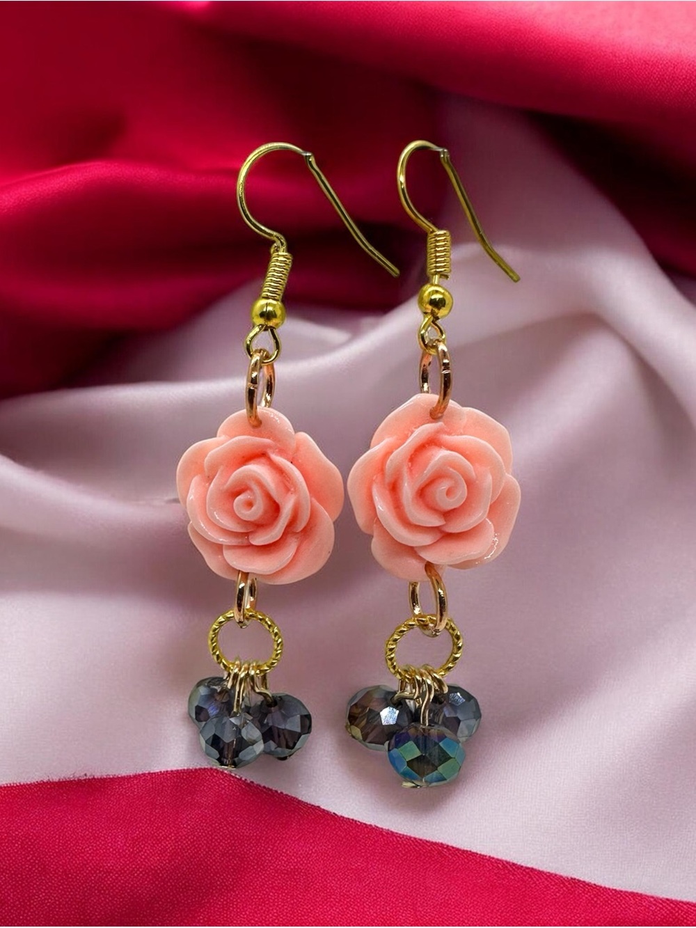Pink Rose Flower Earrings with Crystal Bead Dangles, Gold Tone Handmade